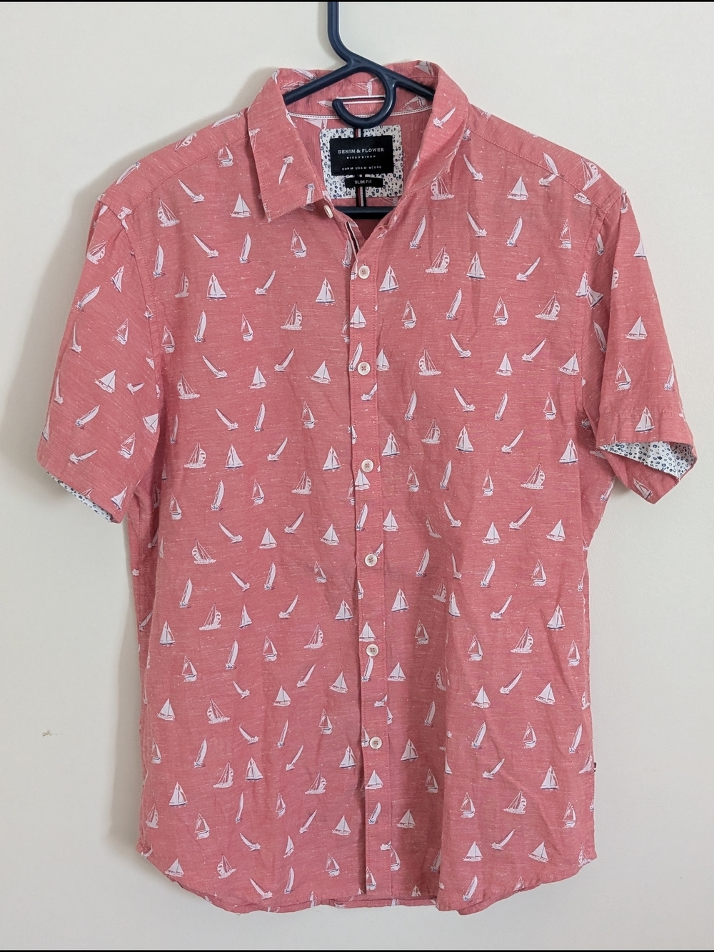 Denim & Flower Coral Short-Sleeve Button-Down with White Sailboat Print